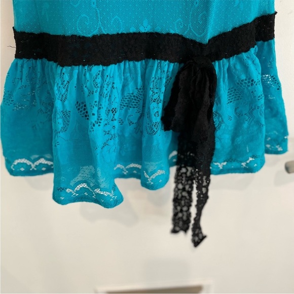 Betsey Johnson RARE aqua floral dot net dress w/slip. Black label, size M - Picture 4 of 10